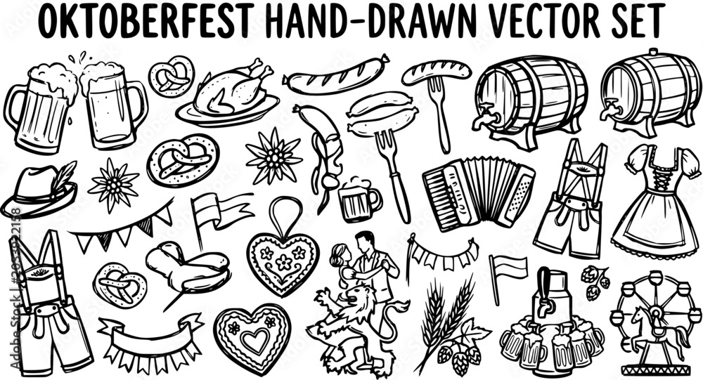 Naklejka premium Oktoberfest Hand-drawn Vector Set. Traditional German Festival Icons, Food Drink, Culture Symbols in Black Line Art Style.