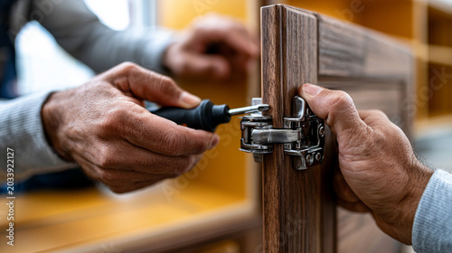 Quadro su tela Professional close-up photo of craftsman hands tightening concealed hinge mechan