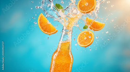 Glass bottle of sparkling orange soda exploding through water splash with floating citrus slices, tropical beverage advertising, carbonation bubbles refreshing summer drink premium product photography