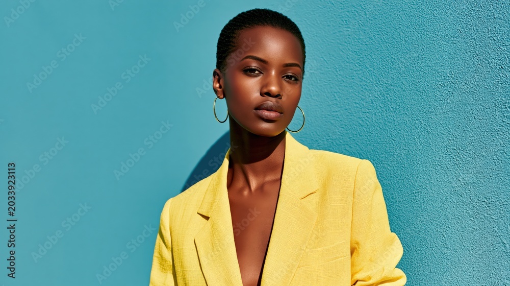 Obraz premium Butter Yellow Blazer Young East African Athletic Woman Layout