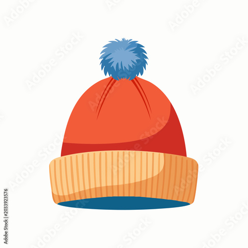 Red knitted winter hat with blue pom-pom
