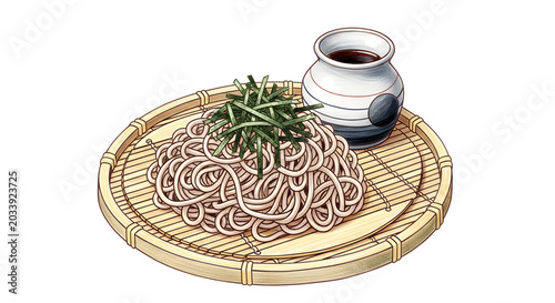 Traditional cold soba noodles served on a bamboo tray
