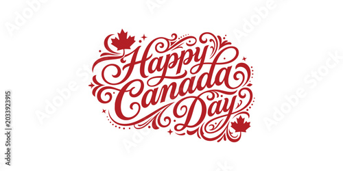 Cuadro en lienzo Happy canada day calligraphy with maple leaves festive red design