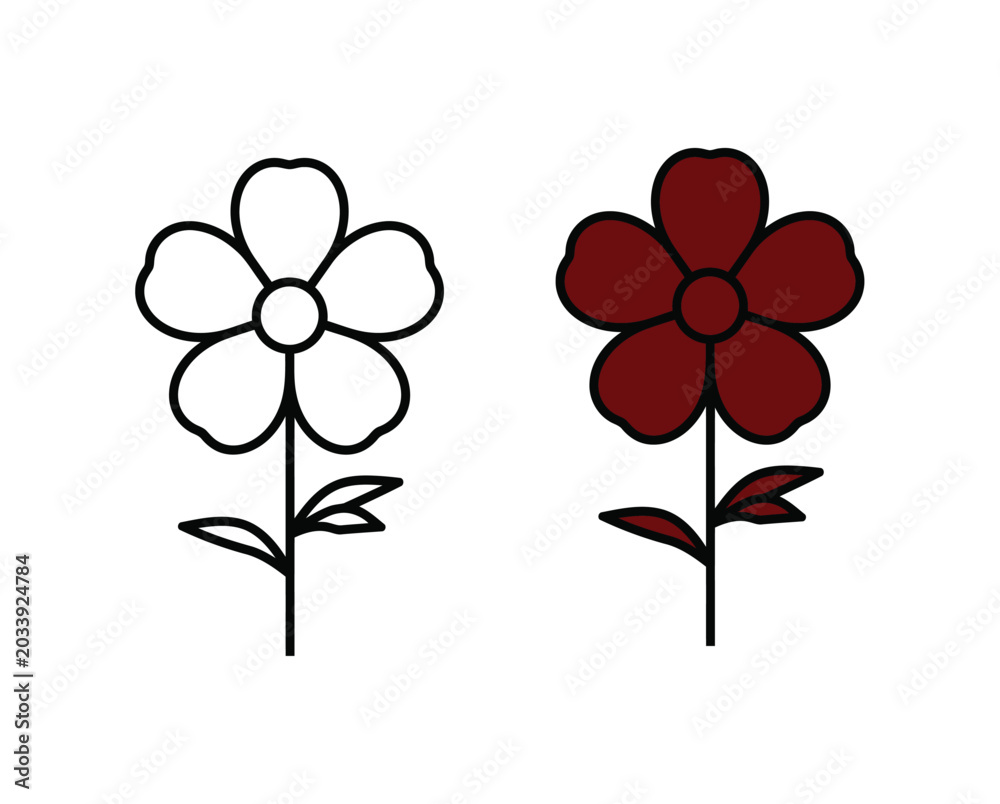 Fototapeta premium Comparison of outline flower and colored dark red flower illustration
