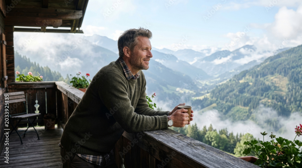 Fototapeta premium A contemplative middle-aged Caucasian man enjoys the serene mountain view while sipping a warm beverage on a cozy balcony.