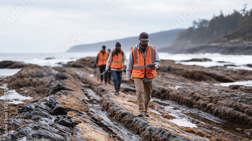 Environmental survey team in orange safety vests walks along rocky shoreline while checking data on a tablet.