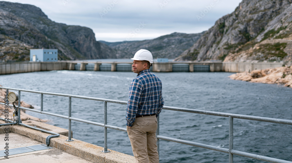Fototapeta premium Engineer in a hard hat observes a dam reservoir surrounded by rocky mountains under cloudy skies.
