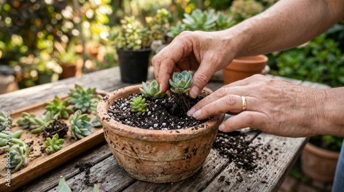 An adult Caucasian person potting succulent plants in a rustic terracotta pot, surrounded by greenery and natural light.