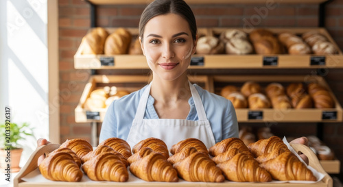 Young woman with light skin holding a tray of freshly baked croissants in a cozy bakery.