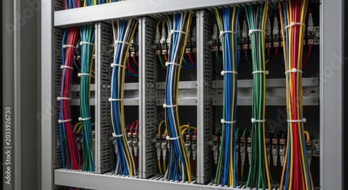Close-up of neatly organized electrical wiring in a network cabinet, showcasing vibrant colors and structured layout.