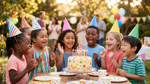 A joyful group of children celebrating a birthday party with colorful hats, laughter, and a decorated cake surrounded by friends.
