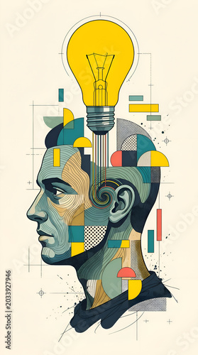 Innovative Mind A Conceptual Illustration of a Man's Head with a Bright Idea Lightbulb Symbolizing Creativity and Ingenuity