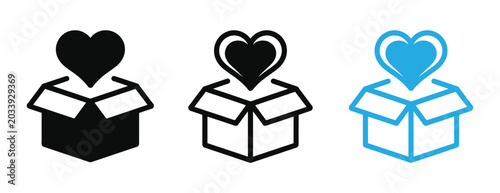 Heart coming out of opened boxes in black and blue icon set for love gift giving vector illustration