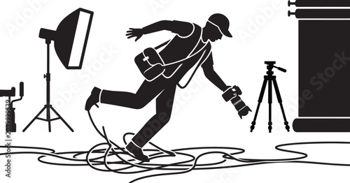 Bild auf Leinwand Photographer Tripping Over Camera Tripod in Studio Silhouette