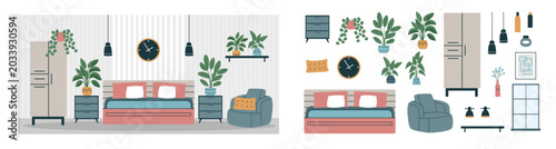 Tableau sur toile Bedroom interior background and separated furniture and decor elements23