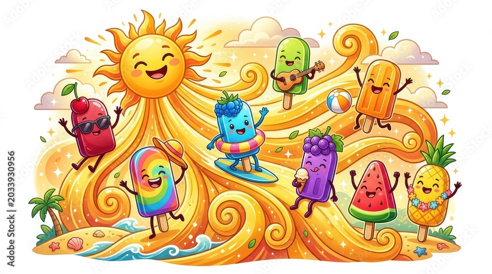 Obraz premium Fruit Shaped Popsicles Enjoying Tropical Beach Day Under Golden Sun