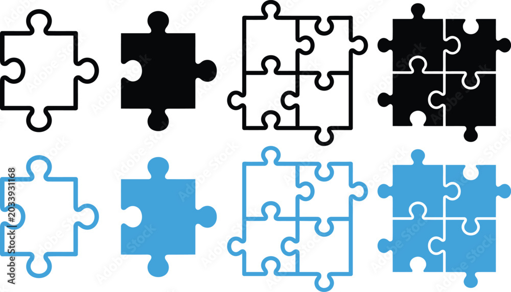 Naklejka premium Puzzle piece set black and blue variations single and four piece combinations