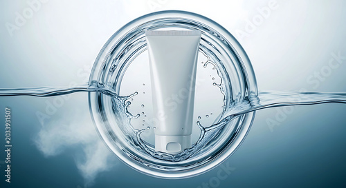 White Cosmetic Tube Mockup in Water Splash with Blue Background and Circles