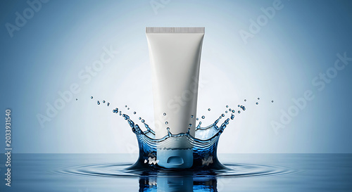 Blank white cosmetic tube splashing in blue water with droplets mockup