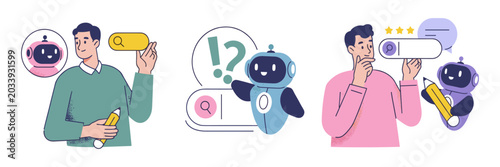 Fotografía Man interacting with robot and technology concepts question mark artificial inte