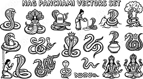 Bild auf Leinwand Black and White Line Art Nag Panchami Vector Set: Hindu Festival Cobra Snake Dei
