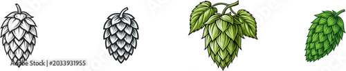 This intricate woodcut illustration of a ripe green hops cone showcases deep shadows and layered scales, exuding an authentic handmade feel with solid black ink on a pure white background