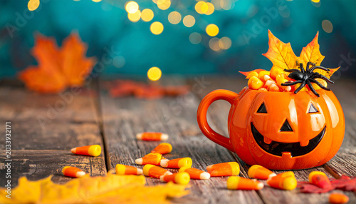 Halloween Treat Cup: A festive pumpkin-shaped mug overflowing with candy corn, adorned with a spooky spider and autumn leaves, rests on a rustic wooden surface, illuminated by enchanting bokeh lights.