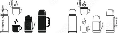 Foto Thermos flask and hot beverage icon set black and white vector illustration