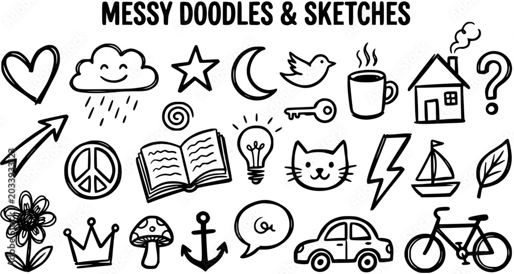 Fototapeta premium Black and White Line Art Doodles and Sketches: Heart, Cloud, Star, Moon, Bird, House, Question Mark, Car, Bicycle