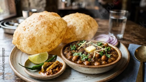 Delhi Style Chole Bhature – Fluffy Fried Bread with Spicy Chickpea Curry Food Shot, rich texture, fresh garnish and restaurant menu appeal, clean table presentation, soft natural light, flavorful