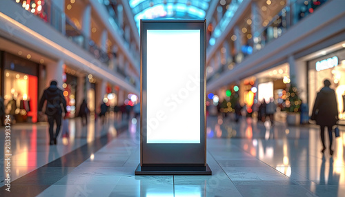Blank Digital Signage in Shopping Mall: A tall, blank digital screen stands prominently in the center of a bustling shopping mall corridor, surrounded by shops and blurred figures of shoppers.