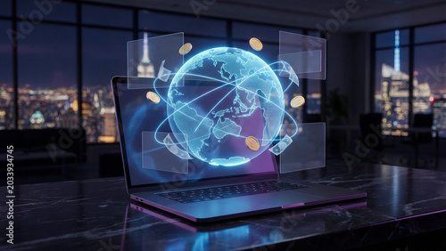 Global money transfer concept connecting international banking worldwide network through laptop platform showing earth globe currency exchange and cross border payment for business success