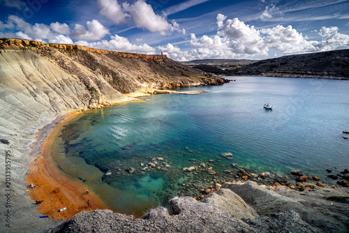 Bild auf Leinwand Panorama of paradise bay with azure water, Qarraba Bay, Malta.
