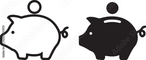 Piggy bank icon set black and white linear illustrations