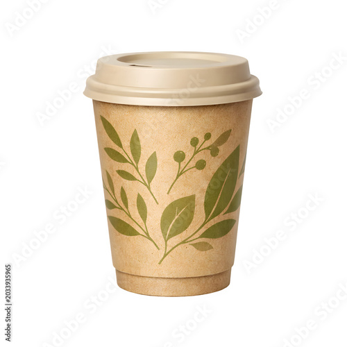 Eco-friendly kraft paper takeaway coffee cup with green leaf pattern and green lid isolated on transparent background PNG.