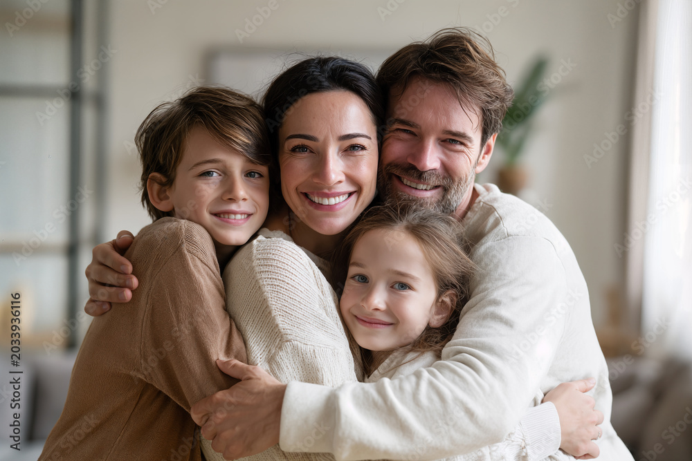 Fototapeta premium Joyful Family Group Hug Capturing Warmth and Happiness in a Modern Home