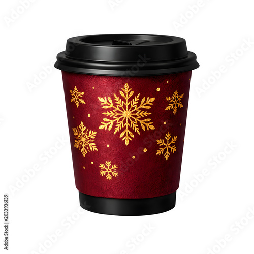 Red Christmas takeaway coffee cup with golden snowflake design and black lid on transparent background PNG.