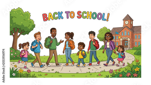 Fotografie Back to School Celebration: A diverse group of children and adults walk together towards a school building, celebrating the start of a new academic year with joyful expressions and bright attire