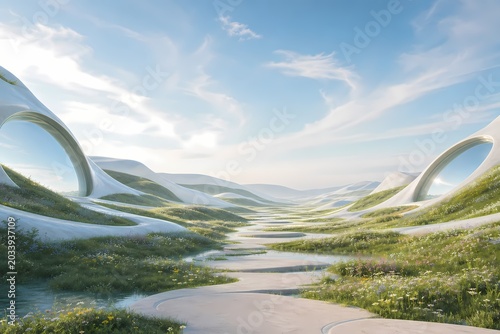 Futuristic city with green nature and white structures
