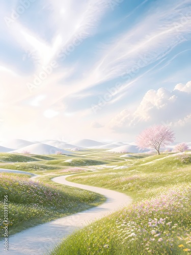 Winding path in a beautiful spring meadow with cherry trees