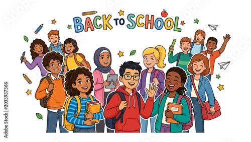 Tableau sur toile Back to School Bash: A vibrant illustration depicts a diverse group of smiling children, eager and excited for their first day of school, carrying backpacks and books