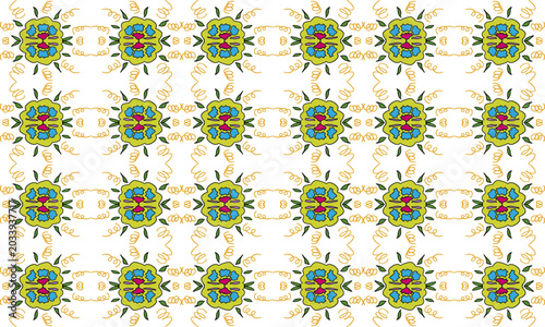 Hand-drawn floral vector seamless pattern with cute colorful flowers arranged in a symmetric star block grid design, isolated on white background.