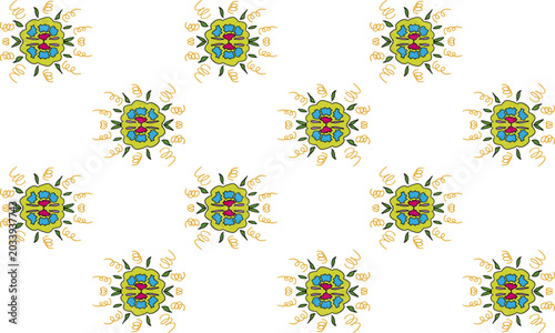 Hand-drawn floral vector seamless pattern with cute colorful flowers arranged in a symmetric star block grid design, isolated on white background.