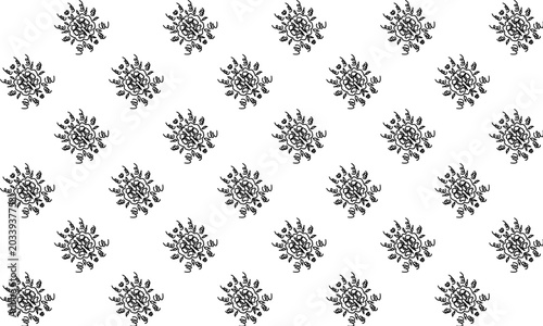 Hand-drawn floral black and white seamless pattern with cute colorful flowers arranged in a symmetric star block grid design
