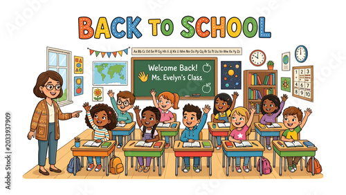Canvastavla Back to School Classroom Scene: A cheerful teacher welcomes a diverse group of energetic students to their first day back to school, with raised hands and eager faces ready to learn
