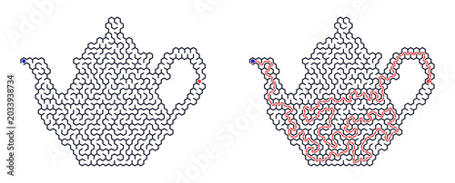 Teapot maze puzzle and solution in black and red outline style . Maze challenge with answers.