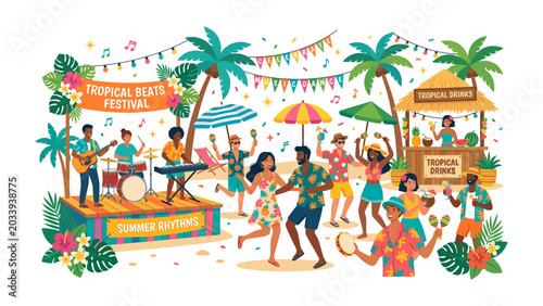 Foto Tropical Beats Festival: Vibrant celebration with people dancing, live music, and tropical drinks under palm trees and colorful banners, exuding joy and summer vibes