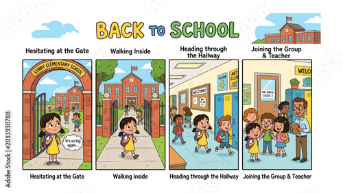 Photos Back to School Comic Strip: A charming comic strip illustrates a young girl's journey from hesitant arrival at school to joining her friends and teacher