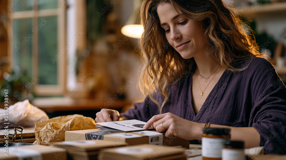 Fototapeta premium Over-the-shoulder view of e-commerce small business owner packing artisan skincare orders at home studio table, tissue paper, custom stickers, thank-you cards, June order surge underway, natural lig