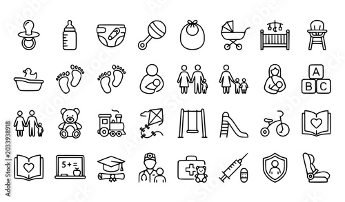 Baby Care and Childhood Thin Line Icons Vector Set Parenthood Children Collection